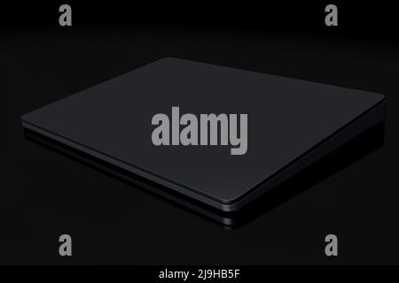 Schwarzes Computer-Trackpad oder drahtloses Touchpad auf schwarzem Hintergrund isoliert Stockfoto