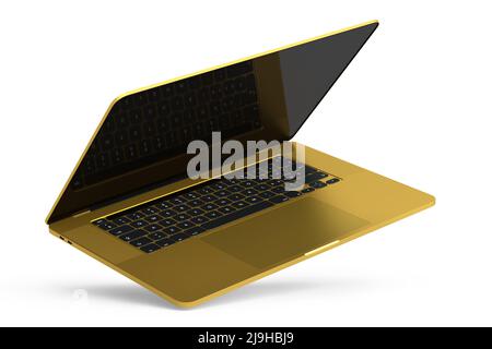 Realistisches Aluminium-Notebook mit leerem weißen Bildschirm isoliert auf weißem Hintergrund. Stockfoto