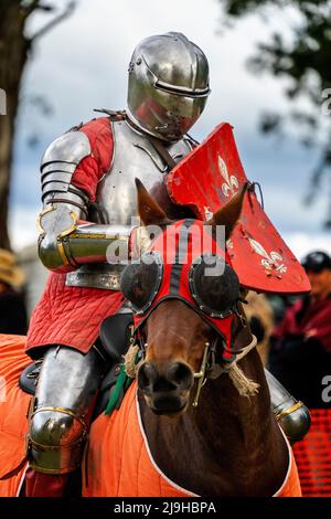 Ritter in Rüstung auf dem Pferderücken während der Turnierdemonstration beim Glen Innes Celtic Festival. New South Wales, Australien Stockfoto