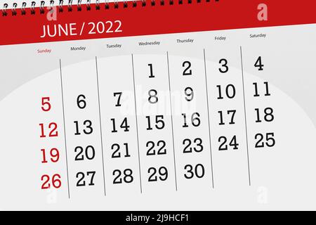 Kalenderplaner für den Monat juni 2022, Stichtag. Stockfoto