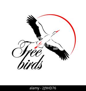 Fliegender Storch und Sonne. Vektorgrafik. Logo mit fliegender Storch-Silhouette. Stock Vektor