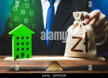 Geschäftsmann legt polnisch zloty Geldbeutel auf Waage und grünes Haus. Investitionen in Renovierung. Reduzierte Emissionen von CO2, Energieeffizienz. Amortisationszeitraum. Stockfoto