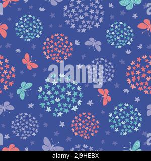 Allium Blumen und Schmetterlinge auf violettem Hintergrund Stock Vektor