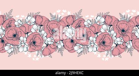 Vintage Pink Mohnblumen, Allium und White Anemone Blumenrand Stock Vektor