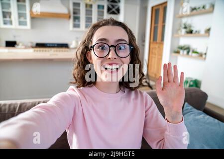 Glückliche Frau, die zu Hause Selfie macht Stockfoto