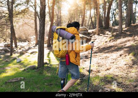 Behinderter Mann im Rucksack zu Fuß mit Wanderstöcken Trekking im Wald Stockfoto