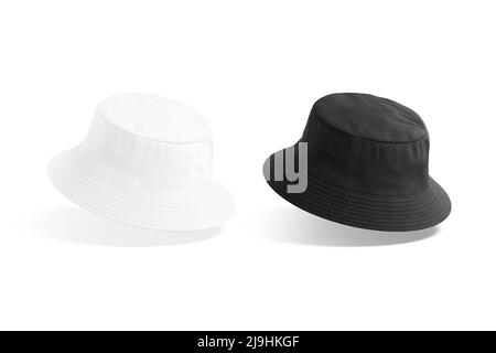 Blank schwarz und weiß Eimer Hut Mockup, keine Schwerkraft Stockfoto