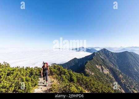 Deutschland, Bayern, Wanderin auf dem Gipfel des Heimgartens mit dichtem Nebel im Hintergrund Stockfoto