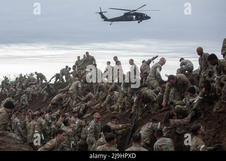 Fort Carson, Usa. 23.. Mai 2022. Soldaten der US-Armee, die der Infanterie-Division 4. zugewiesen sind, helfen sich gegenseitig, aus einem schlammigen Panzergraben zu klettern, während ein Sikorsky UH-60 Black Hawk während des Utah Beach Challenge-Events in Fort Carson am 23. Mai 2022 in Fort Carson, Colorado, über dem Kopf fliegt. Die Veranstaltung, die während der Ivy Week stattfindet, simuliert die brutale Schlacht des 2. Weltkriegs am Utah Beach. Kredit: Pfc. Joshua Zayas/USA Army/Alamy Live News Stockfoto