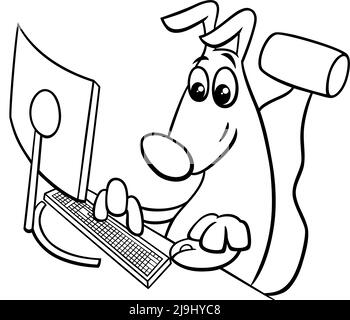 Schwarz-Weiß-Cartoon-Illustration von lustigen Hund Tier Charakter mit Personal Computer Malvorlagen Stock Vektor
