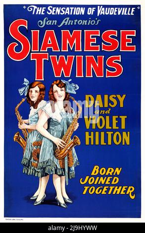 Vintage Zirkus Poster - Hilton Sisters - Siamesische Zwillinge (Quigley Publications, 1925) Vaudeville Poster. Stockfoto