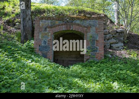 Alte Burg Stein unterirdischer Keller. Holzbrettwand, Eingang. Stockfoto