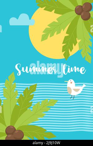 Sommerzeiseplakat mit Meer und Palmen und Möwen. Vektorgrafik. Vertikale tropische Strandkarte für Flyer, Postkarten und Werbereisen Stock Vektor