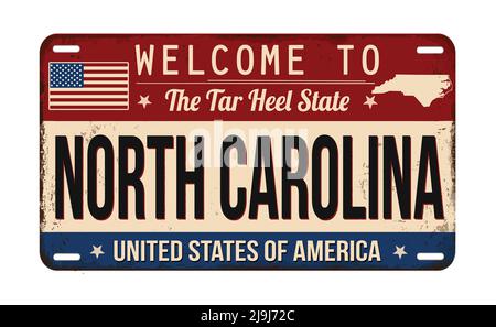 Willkommen bei North Carolina vintage rostigen Nummernschild auf weißem Hintergrund, Vektor-Illustration Stock Vektor