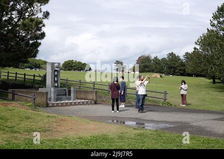 Shionomisaki, Kushimoto, Higashimuro District, Wakayama, Japan, 2022/01/05 , Ein großer Rasen von etwa 100.000 m2 breitet sich an der Spitze des Shionomisaki, Stockfoto