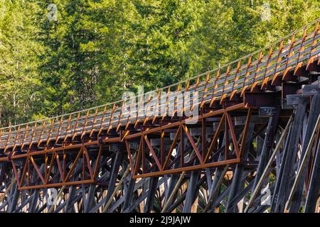 Blick auf die hölzerne Eisenbahnbrücke Kinsol Trestle in Vancouver Island, BC Kanada. Reisefoto, niemand, selektiver Fokus Stockfoto