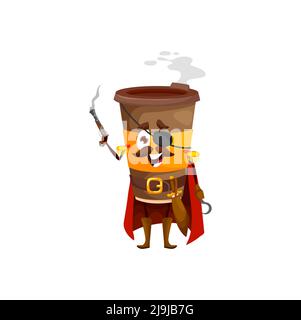 Cartoon Take Away Kaffee Piraten Charakter. Vector Tasse Heißgetränk corsair Menü Personage. Becher aus Karton tragen Umhang, Schultergurte, Haken und Ösen Patch halten Waffe. Lustige Filibuster Getränk Charakter Stock Vektor