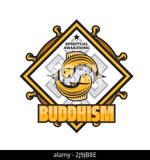 Buddhismus Religion Ikone mit Vektor Koi Karpfen Fisch, Dharma Rad und endlosen Knoten. Isoliertes heiliges Symbol eines buddhistischen oder tibetischen Mönchs, indische religiöse Zeichen für Meditation oder Ikone der spirituellen Praxis Stock Vektor