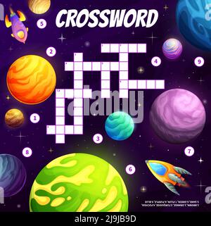 Galaxie, Weltraumplaneten und Raketen. Arbeitsblatt zum Kreuzworträtsel. Finden Sie ein Wort-Quiz-Spiel, Vorschulkinder logische Rätsel, intellektuellen Test oder Vektor-Vokabular spielen Aktivität mit außerirdischen Planeten Stock Vektor