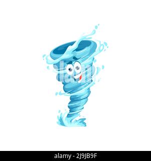 Cartoon Tornado Charakter, Sturm, Wirbelwind Twister oder Zyklon Vektor Emoji mit glücklich lächelndes Gesicht. Isolierter Trichter von Hurrikan Wind, Wasserauslauf oder Tornado Vortex Persönlichkeit, extreme Wetter Emoticon Stock Vektor