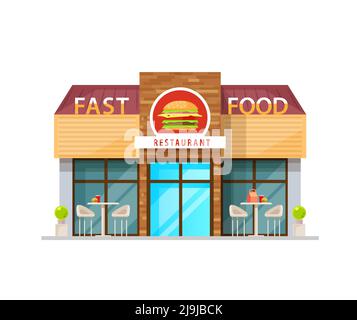 Fast Food Cafe Gebäude, Vektor-Restaurant außen Cartoon-Design mit großen Fenstern, Glastür, Schild und Außenbereich mit Tischen und Stühlen. Fastfood-Shop-Fassade, isolierte Stadtarchitektur Stock Vektor