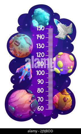 Kinder Höhendiagramm Lineal mit Cartoon-Weltraum-Planeten und Raumschiff, Vektor-Messgerät. Messung der Kinderhöhe mit galaktischen Raketen und Fantasy-Raumschiffen, Raumschiffen in der Galaxie Stock Vektor