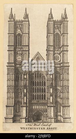 Frontansicht der Portland-Steintürme des West End der Westminster Abbey, 18.. Jahrhundert. Mittelalterliche Abtei, die von den Architekten Sir Christopher Wren, Nichola Hawksmoor und John James fertiggestellt wurde. Kupferstich aus dem Gentleman's Magazine and Historical Chronicle herausgegeben von Sylvanus Urban, Edward Cave Junior, St. John's Gate , London, 1751. Stockfoto