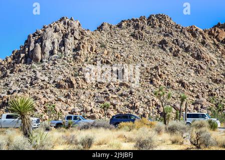 Die Autos der Touristen parkten entlang der Straße, die sich durch den atemberaubenden Joshua Tree National Park schlängelt, innerhalb der einzigartigen Felsformationen der Mojave Wüsten, CA Stockfoto