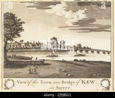 Blick auf die ursprüngliche Kew-Brücke und Kew-Stadt, Mitte des 18.. Jahrhunderts. Erbaut über der Themse von John Barnard Fährbesitzer Robert Tunstall im Jahr 1759 mit sieben Holzbögen zwischen zwei Steinbögen. Ersetzt 1782. Kew Pier im Vordergrund. Blick auf die Stadt und die Brücke von Kew in Surrey. Kupferstich von Taylor aus William Thornton’s New, Complete and Universal History of the City of London, Alexander Hogg, King's Arms, No. 16 Pamernoster Row, London, 1784. Stockfoto