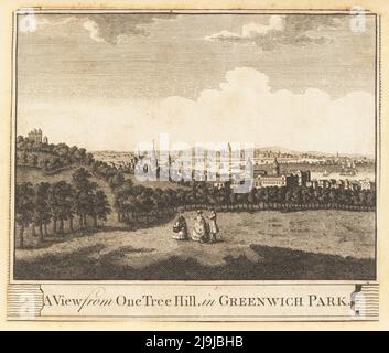 Blick auf Greenwich und die Themse, 1784. Flamsteed House, Royal Observatory, St. Alfrege Church, Royal Hospital (jetzt Royal Naval College), Wald und Hirschpark. Die Themse und die St. Paul's Cathedral im Hintergrund. Ein Blick von One Tree Hill im Greenwich Park. Kupferstich aus William Thornton’s New, Complete and Universal History of the City of London, Alexander Hogg, King's Arms, No. 16 Pamernoster Row, London, 1784. Stockfoto