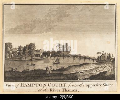 Blick auf Hampton Court Palace an der Themse, 1784. Gebäude des Tudor-Palastes, zweite Holzbrücke mit 11 Bögen, die 1778 erbaut wurde, Fähren- und Segelboote auf dem Fluss. Blick auf Hampton Court vom gegenüberliegenden Ufer der Themse. Kupferstich von Henry Roberts aus William Thorntons New, Complete and Universal History of the City of London, Alexander Hogg, King's Arms, No. 16 Pamernoster Row, London, 1784. Stockfoto