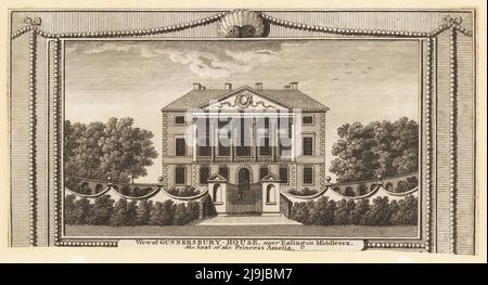 Blick auf das Gunnersbury House in der Nähe von Ealing in Middlesex. Palladio-Herrenhaus, das um 1663 vom Architekten John Webb für Sir John Maynard erbaut wurde. Sitz der Prinzessin Amelia, der Lieblingstochter von König Georg II., von 1760 bis 1786. Abgerissen um 1806. Kupferstich von John Peltro aus William Thorntons New History and Survey of London, herausgegeben von Alexander Hogg bei The King’s Arms, Paternoster Row, London, 1784. Stockfoto