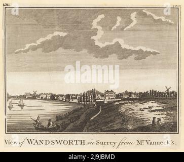 Ansicht des Dorfes Wandsworth, South London, 1784. Zeigt Rinder, die auf Feldern, Windmühlen, Gebäuden, einem Teich usw. grasen, dargestellt vom Grove House, dem Sitz von Sir Joshua Vanneck in Roehampton. Blick auf Wandsworth in Surrey von Mr. Vanneck's. Kupferstich von John Taylor aus William Thorntons New, Complete and Universal History of the City of London, Alexander Hogg, King's Arms, No. 16 Pamernoster Row, London, 1784. Stockfoto