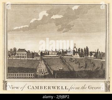 Blick auf Camberwell vom Grove, 1784. Wetterflügel der Kirche St. Giles, Obstgärten und Felder von Walnut Grove (jetzt Camberwell Grove). London und St. Paul's Cathedral in der Ferne. Kupferstich aus William Thorntons New History and Survey of London, herausgegeben von Alexander Hogg at the King’s Arms, 16 Phernoster Row, London, 1784. Stockfoto