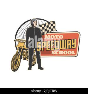 Speedway, Motorrad Sport Rennsport Schule Vektor-Symbol mit Racer und Ziellinie Flagge. Speedway Races Club Abzeichen und Motocross-Rennturnier oder Championship Cup Retro Emblem Stock Vektor