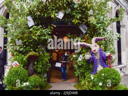 London, Großbritannien. 23.. Mai 2022. Die Blumenschau „Alice im Wunderland“ wird im Rag & Bone Store auf dem Sloane Square während der kostenlosen Blumenkunst-Show Chelsea in Bloom gezeigt. Geschäfte, Hotels und Restaurants im Londoner Chelsea-Viertel nehmen an dem jährlichen Wettbewerb Teil, und das Thema 2022 lautet „British Icons“. Kredit: SOPA Images Limited/Alamy Live Nachrichten Stockfoto