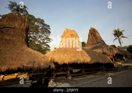 Traditionelle Häuser im traditionellen Dorf Tarung in Soba Wawi, Loli, Waikabubak, West Sumba, East Nusa Tenggara, Indonesien. Stockfoto