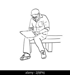 Linie Kunst in voller Länge von Geschäftsmann mit Brille arbeiten auf Laptop-Computer Illustration Vektor Hand gezeichnet isoliert auf weißem Hintergrund Stock Vektor