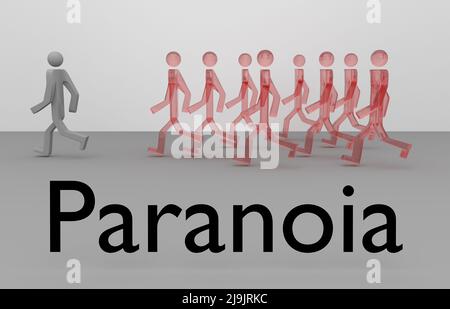3D Illustration von Silhouetten von Menschen, die einer imaginären Gruppe von Menschen entkommen, zusammen mit dem Titel Paranoia. Stockfoto