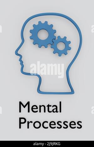 3D Darstellung der Kopfsilhouette mit zwei Zahnrädern und den mentalen Drehbuch-Prozessen, isoliert auf grauem Hintergrund. Stockfoto