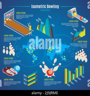 Isometrische Bowling Infografik Vorlage mit Pins Bälle Schuhe Spieler Lane Weltkarte und Grafiken Vektordarstellung Stock Vektor