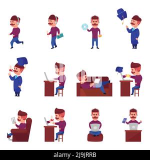 Set von isolierten Online-Learning-Cartoon Hipster-Charaktere mit Hut Und Schnurrbart Freizeit und pädagogische Aktivitäten Vektor Illustration Stock Vektor