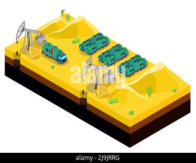 Isometrische Ölproduktion in Wüste Schablone mit Bohranlagen LKW Mineralölfässer und -Tanks isolierte Vektordarstellung Stock Vektor