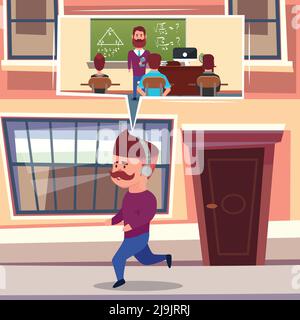 Online-Lernkomposition mit Hipster-Charakter auf der Flucht mit Kopfhörern Audio-Lektionen und Klassenzimmer dachte Blase Vektor Illustration Stock Vektor