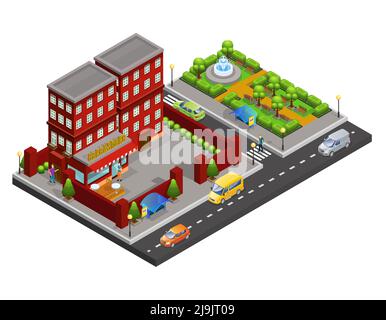 Isometrisches Straßencafé-Konzept mit Stadtpark Autos Straßenbus Stop und Personen isolierte Vektordarstellung Stock Vektor
