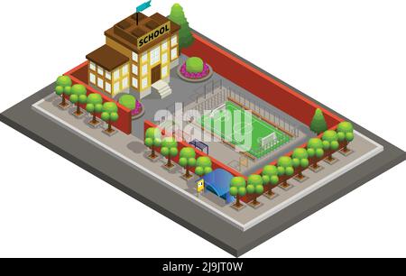 Isometrische Stadt Schule Gebäude Vorlage mit Fußballplatz Kinder Spielplatz Trees Bus stop isolierte Vektor-Illustration Stock Vektor