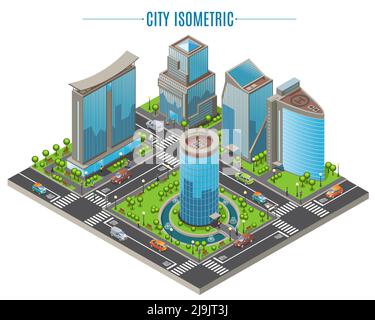 Isometrisches Geschäftsstadtkonzept mit Bürogebäuden moderner Architektur Hubschrauberlandeplatz Bäume bewegen Autos isoliert Vektor-Illustration Stock Vektor