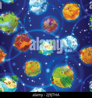 Cartoon Erde Planeten nahtlose Muster mit Tieren und verschiedene Natur Landschaften auf blau Licht gepunkteten Hintergrund Vektor-Illustration Stock Vektor