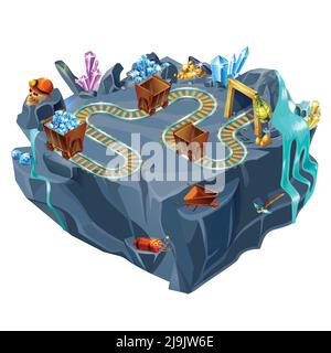 Isometrische Bergbau-Spiel Insel Vorlage mit Eisenbahn-Trolleys Schubkarre Kristalle Gold Diamanten Pick Dynamit Schädel Laterne isoliert Vektor illustratio Stock Vektor