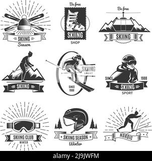 Set von neun isolierten monochromen vintage nordischen Ski-Labels mit Symbole und Bildunterschriften für Skifahrer und Ausrüstung Vektordarstellung Stock Vektor